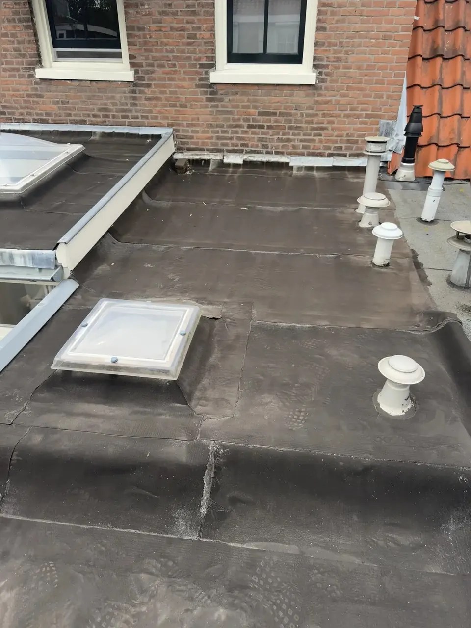 Plat bitumen dak en lichtkoepels vóór renovatie in de Leidsebuurt, Haarlem
