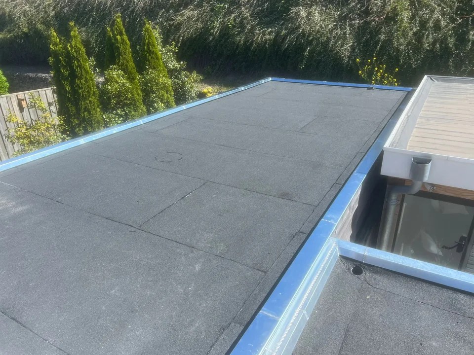 Overzicht van het lange dak naast het glazen dakdeel – plat bitumen dak, Aerdenhout